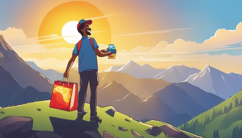 Isilumko-Activate A brand ambassador standing on top of a mountain, holding a shopping bag.