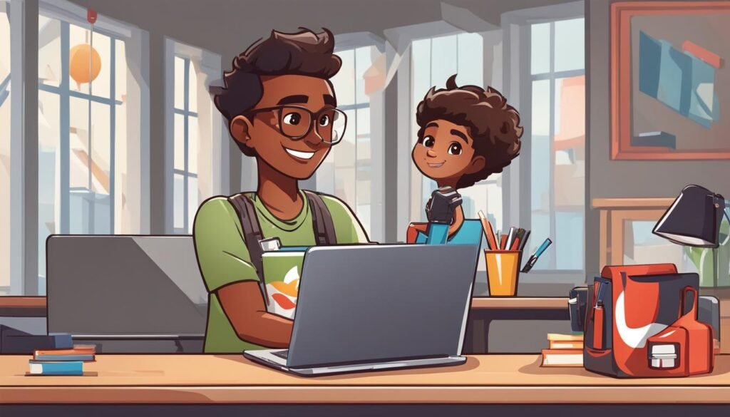 Isilumko-Activate A man and child exploring the benefits of being a brand ambassador while sitting at a desk with a laptop.