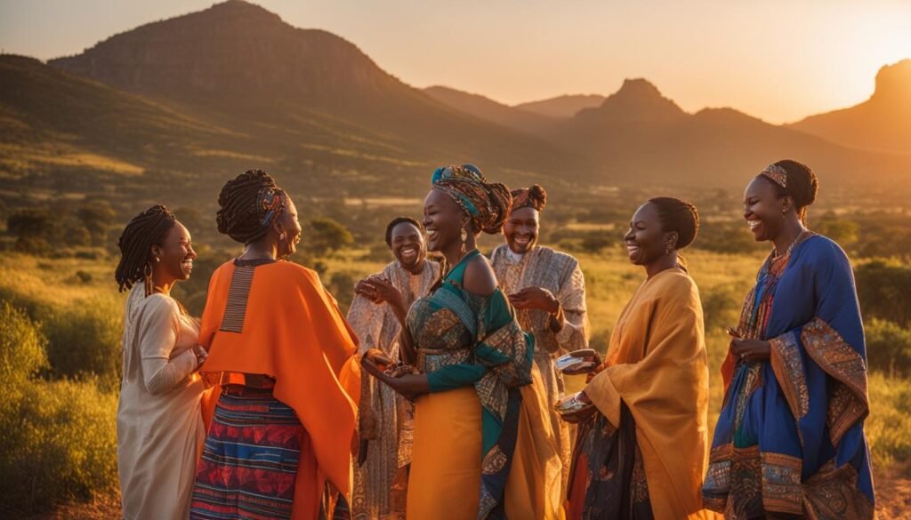 Isilumko-Activate Brand ambassadors dressed in traditional African attire standing in a field at sunset.