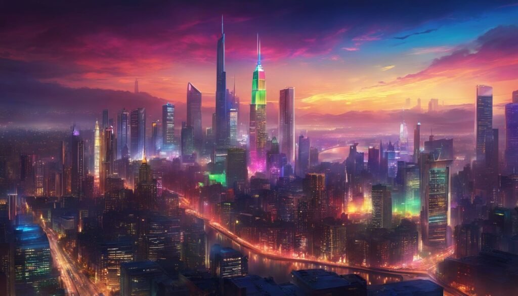 Isilumko-Activate An image of a futuristic city at sunset.