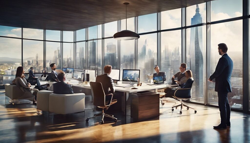 Isilumko-Activate A group of people working in an office with a view of the city.