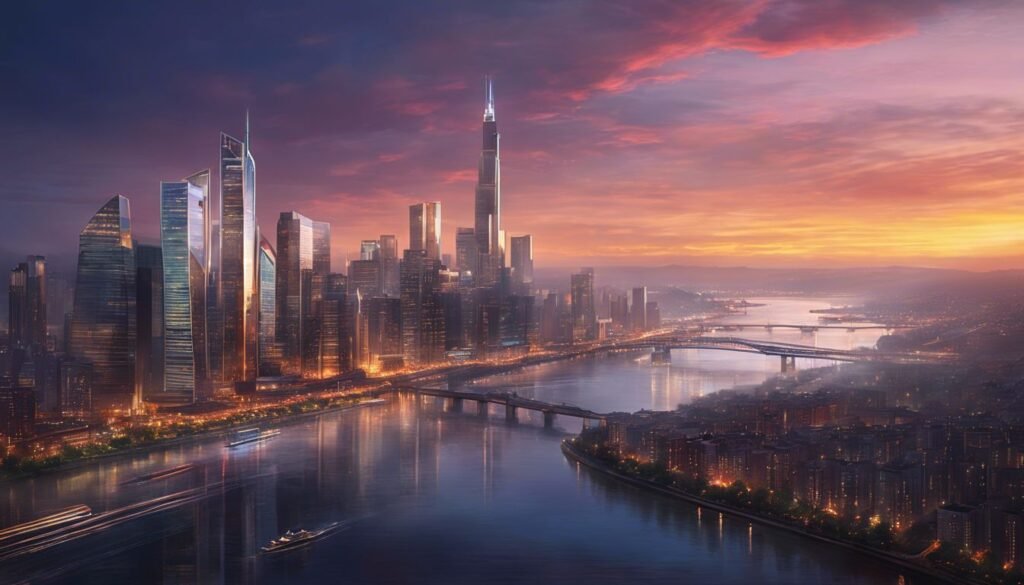 Isilumko-Activate A cityscape at dusk with a river in the background.