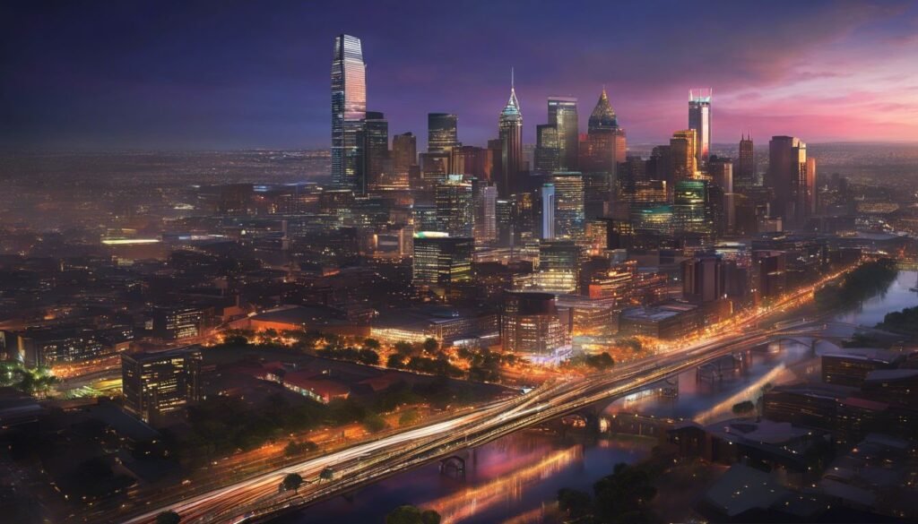Isilumko-Activate An aerial view of a city at dusk.