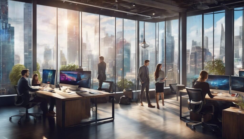 Isilumko-Activate People working in an office with a view of the city.