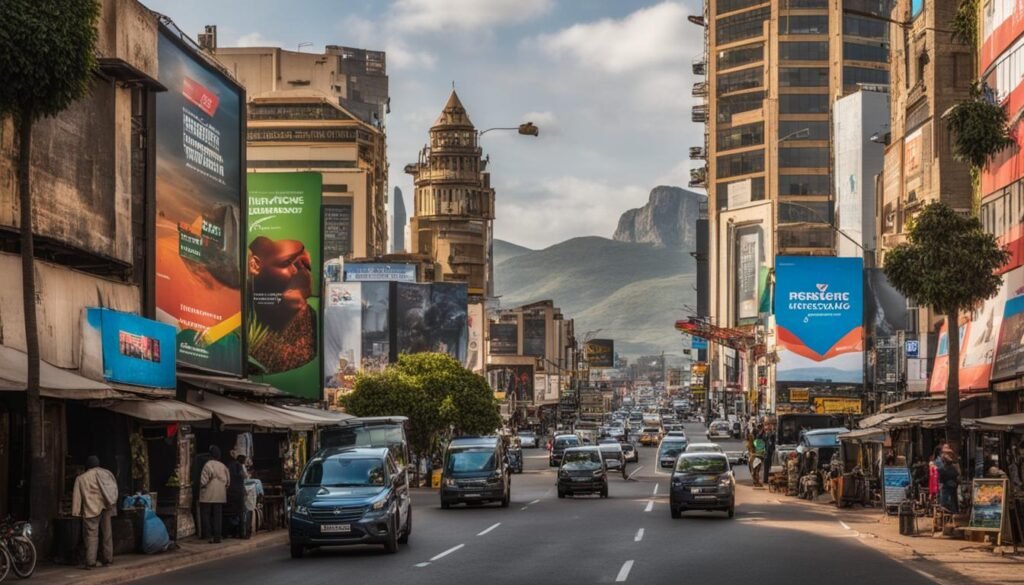Isilumko-Activate A city street with a plethora of billboards representing various promoting agencies in the background.