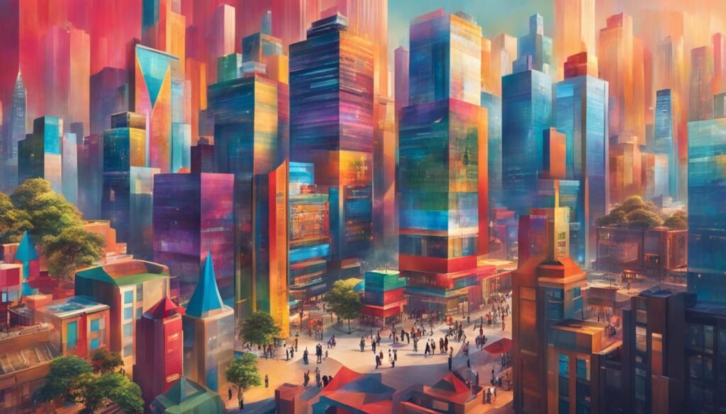 Isilumko-Activate A vibrant cityscape painting showcasing colorful buildings, brilliantly capturing the essence of urban life and captivating the attention of promoting agencies.