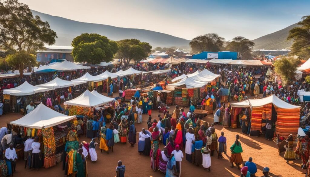 Isilumko-Activate A vibrant gathering of people at a market in Kenya, engaged in brand activations.