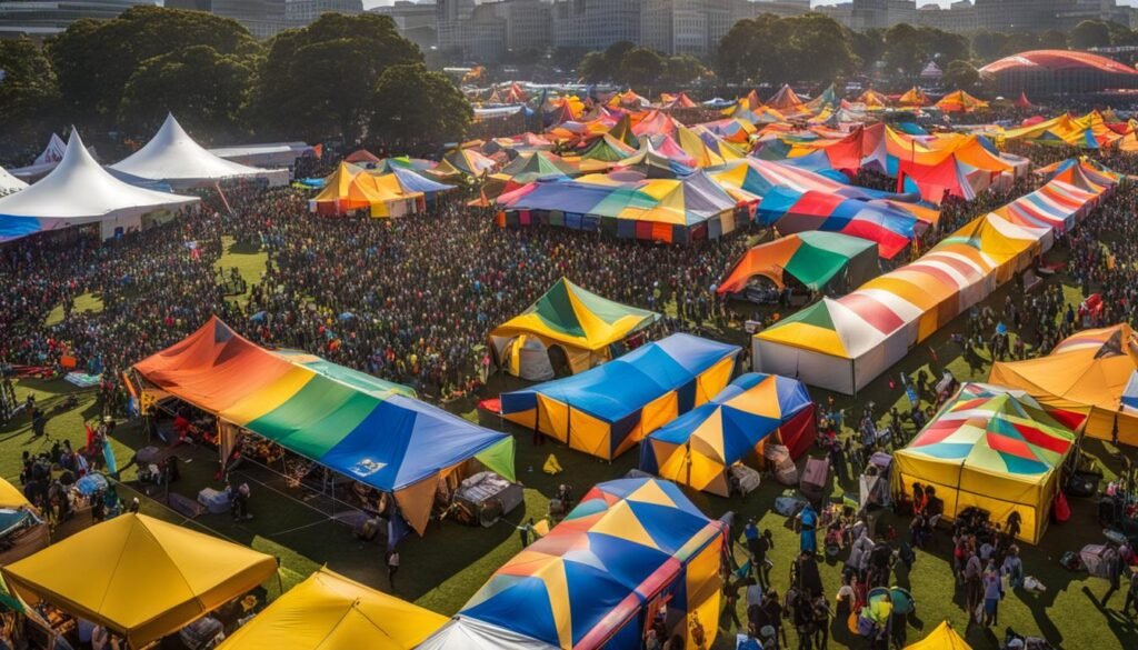 Isilumko-Activate An aerial view of many colorful brand activations at a festival.