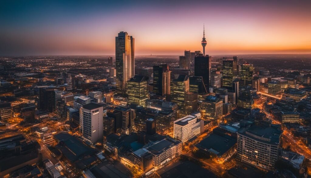 Isilumko-Activate An aerial view of the city of melbourne at dusk.