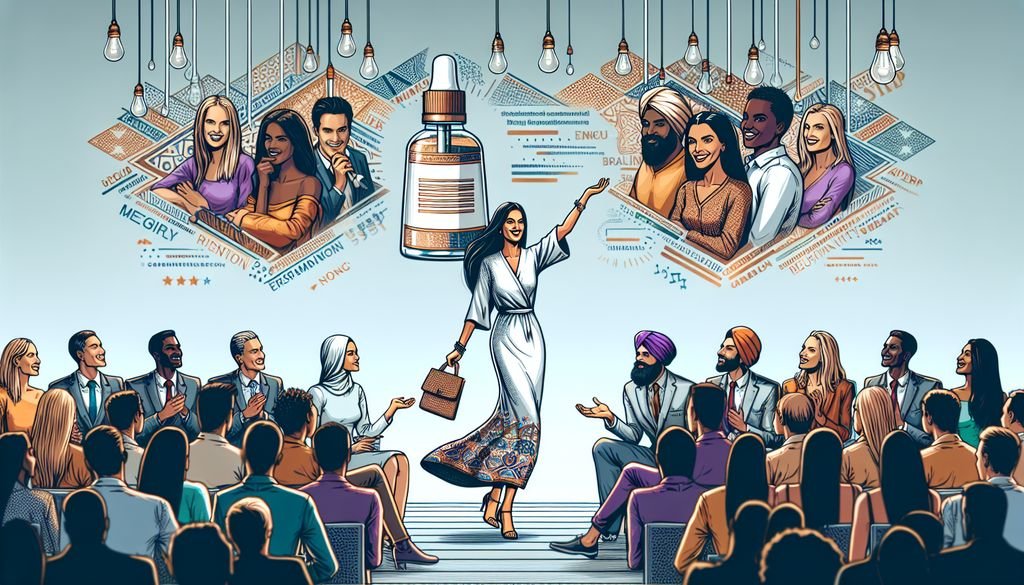 Isilumko-Activate An illustration of a woman presenting a bottle of cbd oil to a group of people.