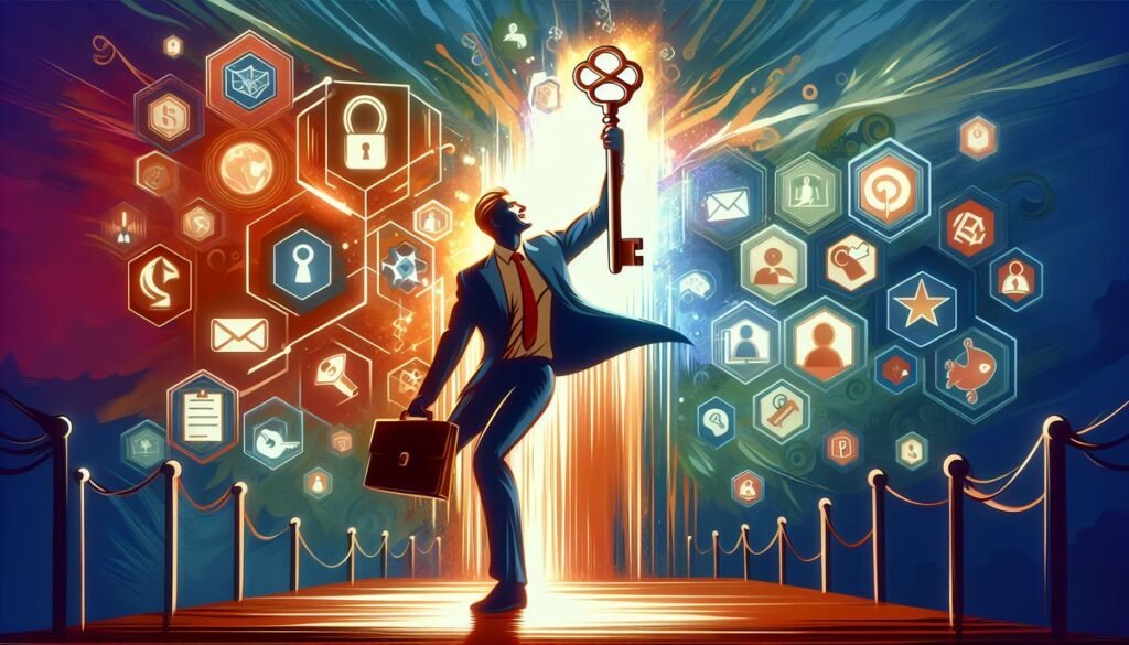 Isilumko-Activate An illustration of a businessman holding a key to a network of icons.