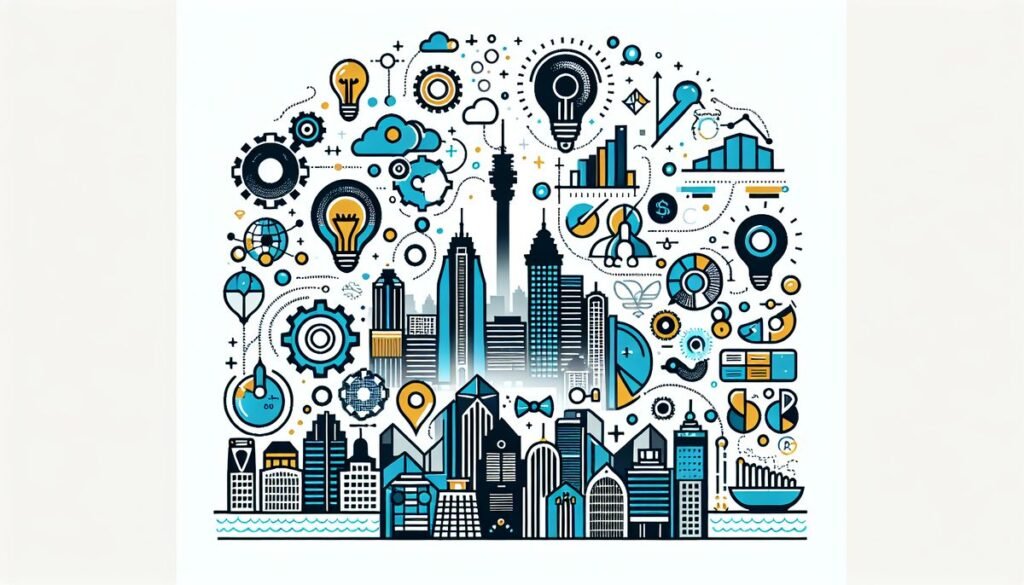Isilumko-Activate A drawing of a city with icons on it.