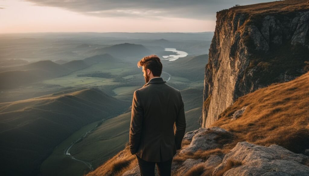 Isilumko-Activate A man standing on top of a cliff overlooking a valley.