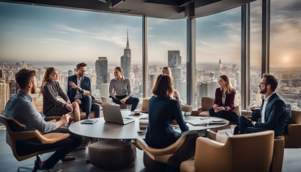 Isilumko-Activate A group of business people sitting around a table with a view of the city.