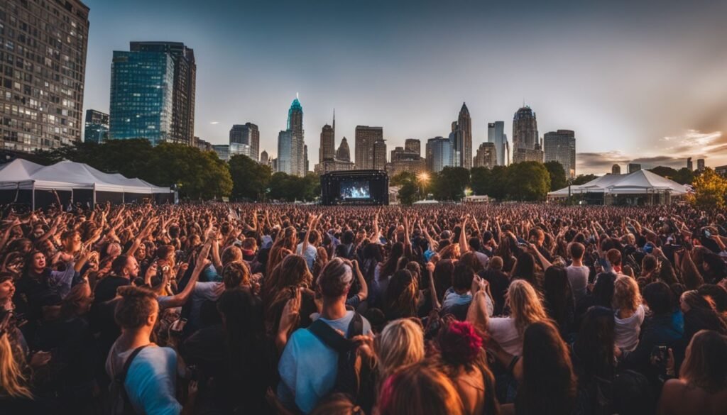 Isilumko-Activate A crowd of people at a music festival with a city skyline in the background.