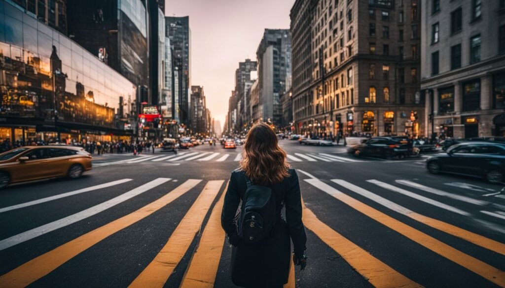 Isilumko-Activate A woman walking across a busy street in new york city.