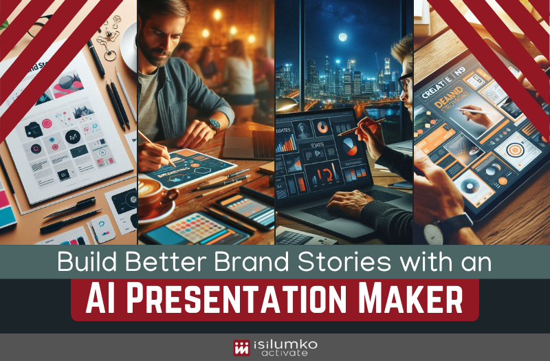 Isilumko-Activate A collage of people using digital devices to create presentations, with the text "Build Better Brand Stories with an AI Presentation Maker" displayed across the image.